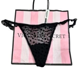 NWT PINK by Victoria's‎ Secret Women's Black Star Mesh V String Thong Panty L